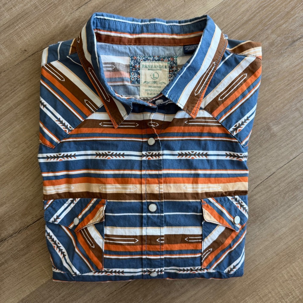 Panhandle Rough Stock Womens L Blue Orange Southwestern Western Pearl Snap Shirt